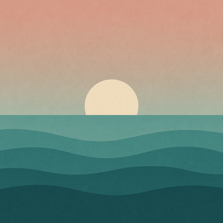 Beaming Bernie minimalist abstract illustration of a pale moon in an indigo twilight sky above layered teal waves.