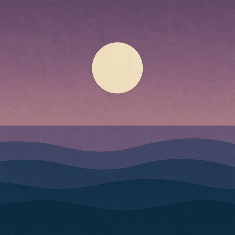 Beaming Bernie minimalist abstract illustration of a pale sun in mid-rise above teal waves, with a muted gold-teal gradient sky.