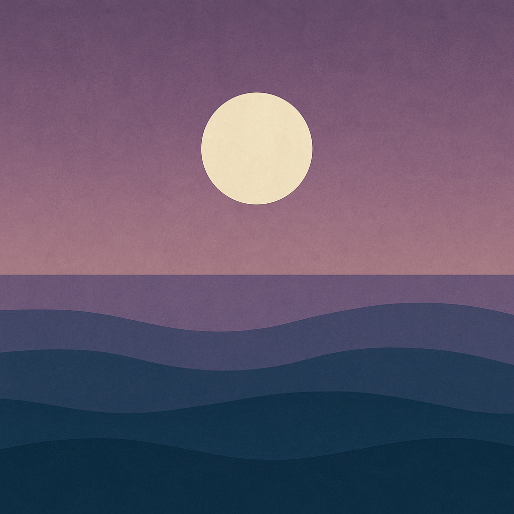 Beaming Bernie minimalist abstract illustration of a pale sun in mid-rise above teal waves, with a muted gold-teal gradient sky.