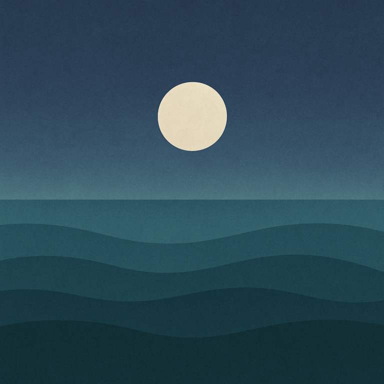 Beaming Bernie minimalist abstract illustration of a pale setting sun above layered teal waves in a warm orange-gold sky.