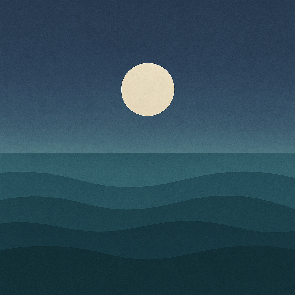 Beaming Bernie minimalist abstract illustration of a pale setting sun above layered teal waves in a warm orange-gold sky.