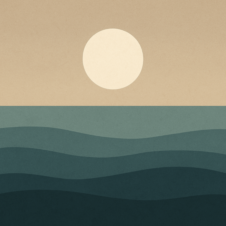 Calm seascape at twilight with a pale moon and lilac-toned sky — symbolising personal emergence and readiness for change.