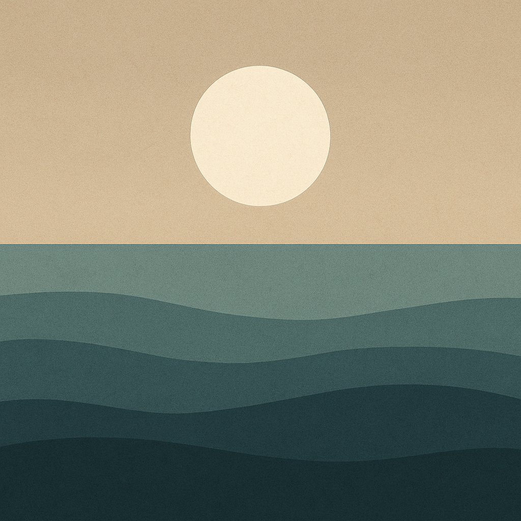 Calm seascape at twilight with a pale moon and lilac-toned sky — symbolising personal emergence and readiness for change.