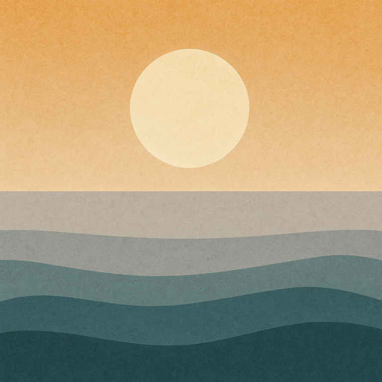 Abstract sun over calm sea in warm golds — symbolising Beaming Bernie’s call to live differently through transformation and intentional letting go.