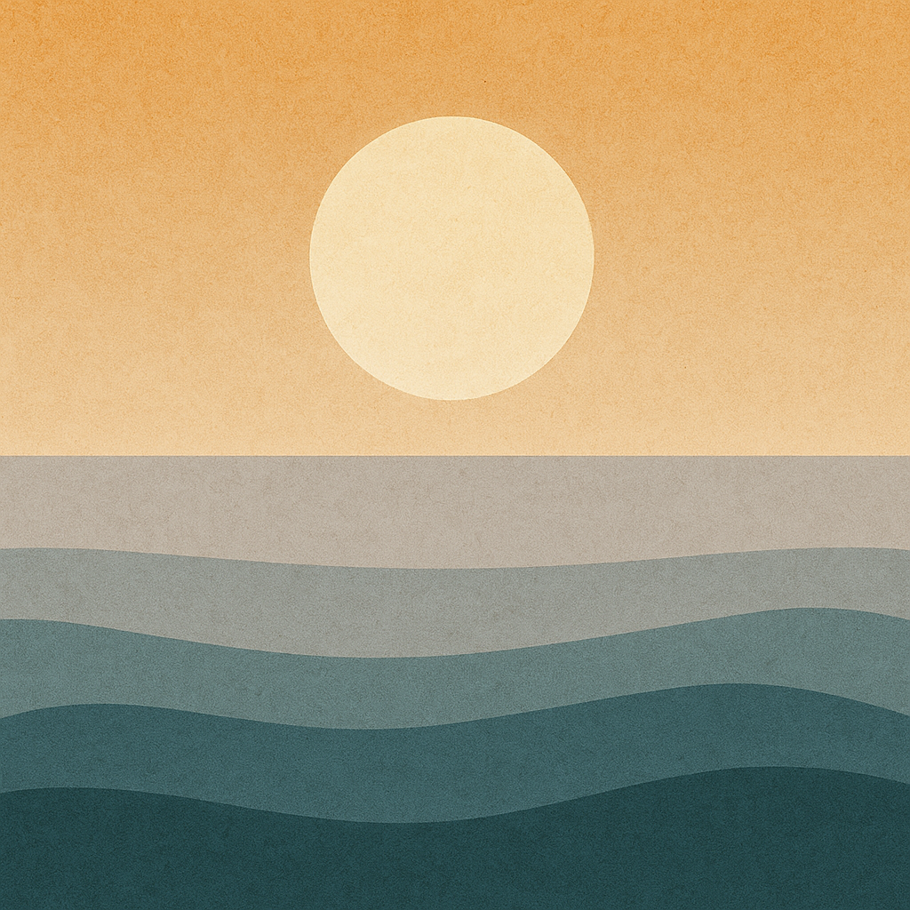 Abstract sun over calm sea in warm golds — symbolising Beaming Bernie’s call to live differently through transformation and intentional letting go.
