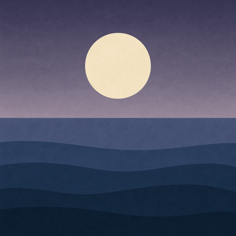 Moon rising over still ocean bands in deep blues — symbolising Beaming Bernie’s 6-step rhythm and a renewed, self-led completion mindset.