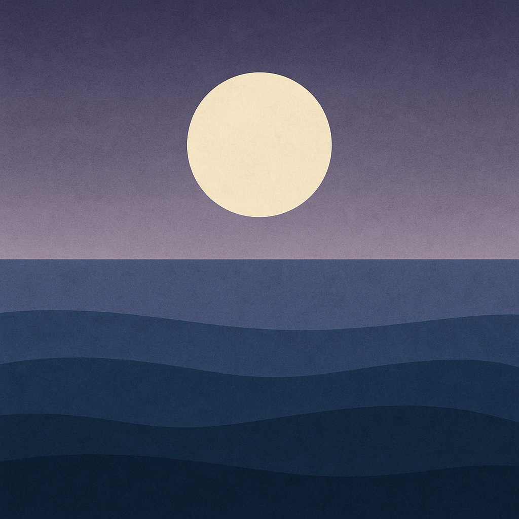 Moon rising over still ocean bands in deep blues — symbolising Beaming Bernie’s 6-step rhythm and a renewed, self-led completion mindset.