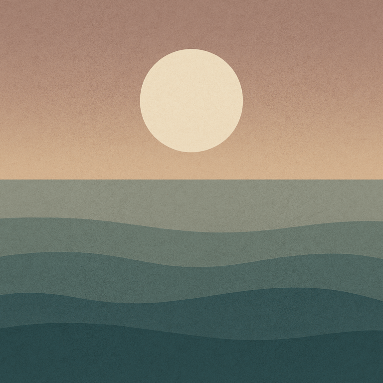 Pale sun over layered ocean textures in soft greens — symbolising midlife calibration and the quiet alignment Beaming Bernie is built around.