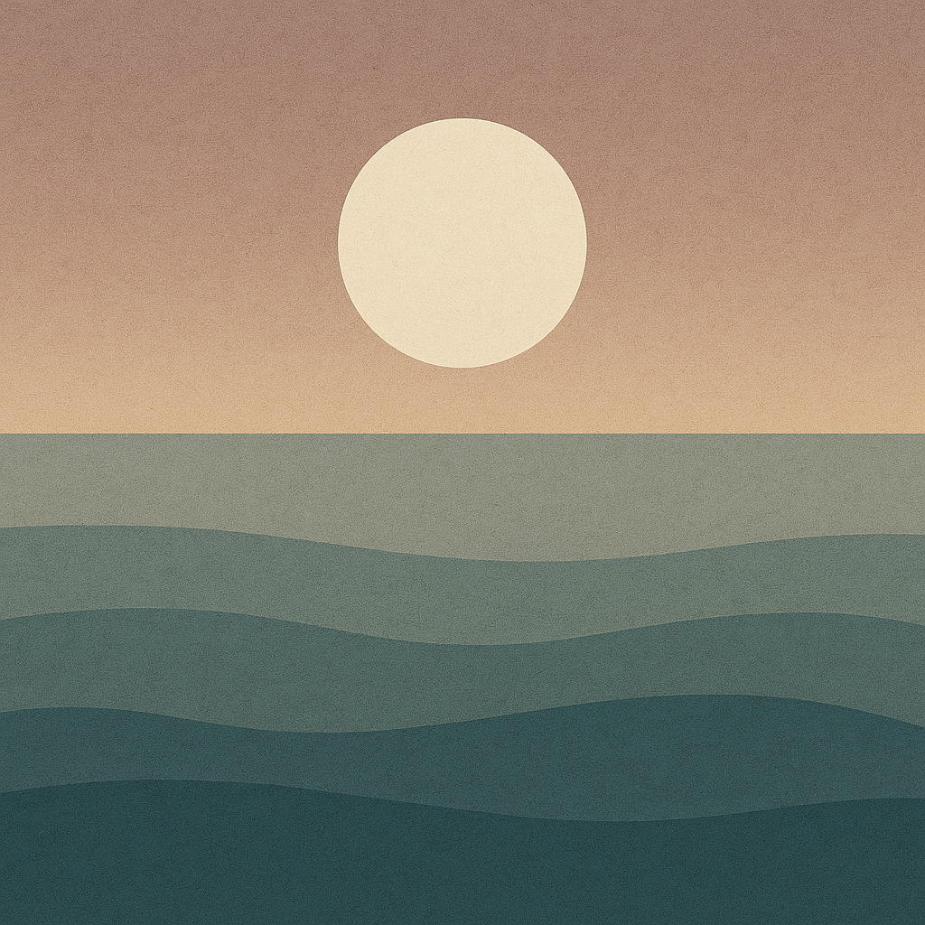 Pale sun over layered ocean textures in soft greens — symbolising midlife calibration and the quiet alignment Beaming Bernie is built around.