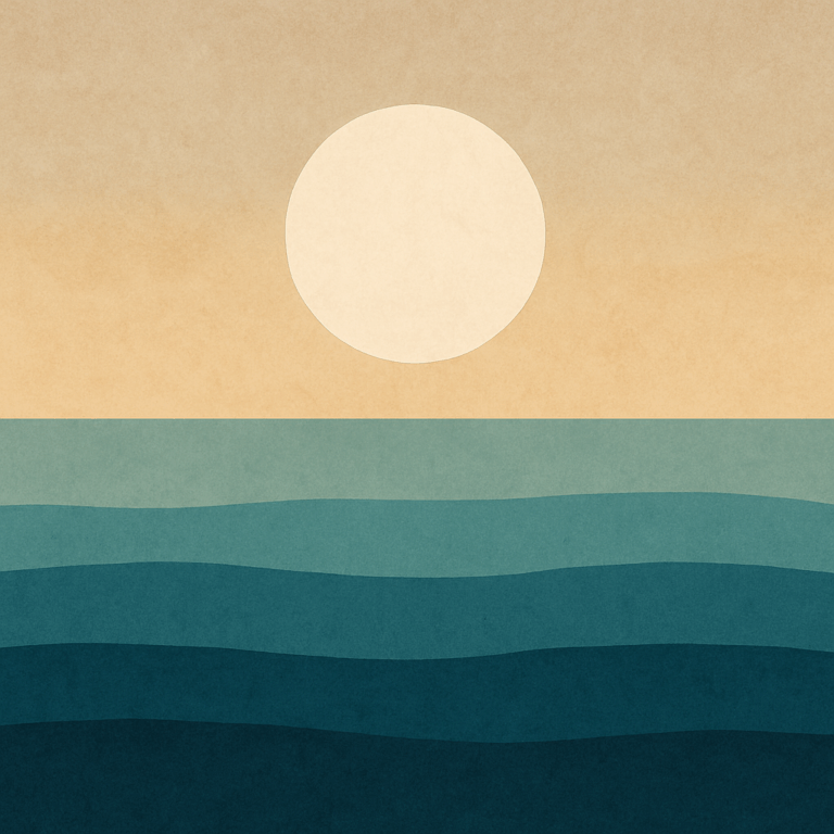 Minimalist abstract image of a pale sun over flat teal ocean layers, representing the Rise Framework from Beaming Bernie — clarity, emotional reset, and quiet strength
