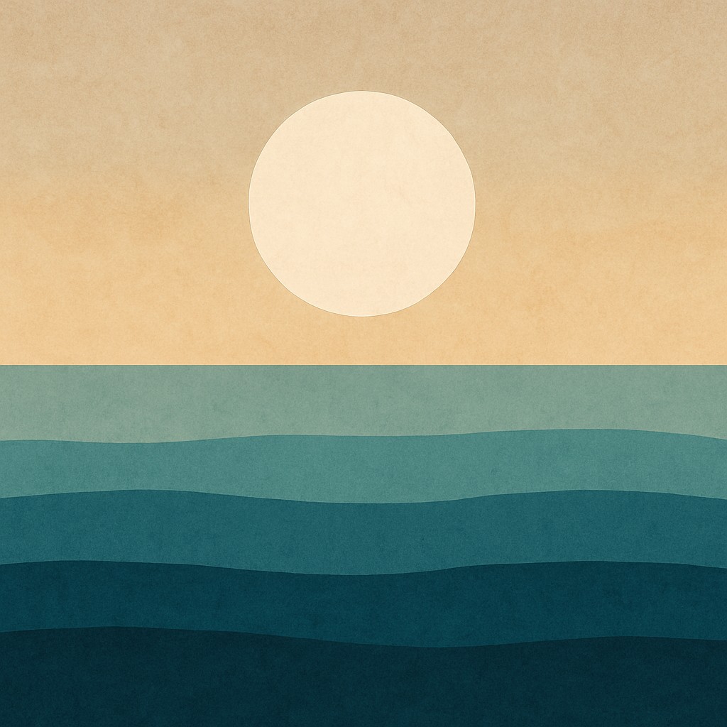 Minimalist abstract image of a pale sun over flat teal ocean layers, representing the Rise Framework from Beaming Bernie — clarity, emotional reset, and quiet strength