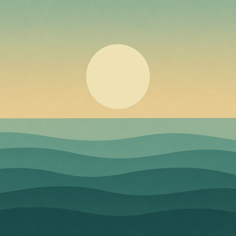 Beaming Bernie minimalist abstract illustration of a pale sun rising above calm teal waves, with a muted gold sky.