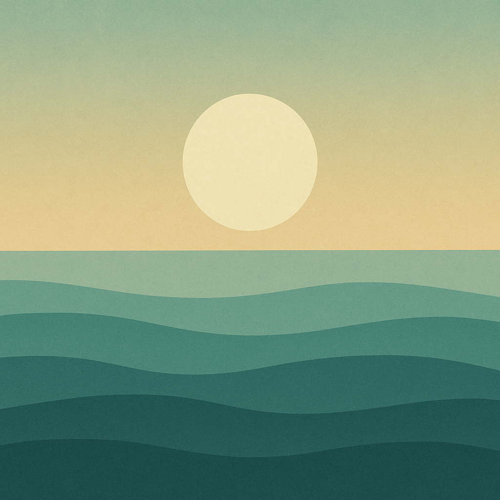 Beaming Bernie minimalist abstract illustration of a pale sun rising above calm teal waves, with a muted gold sky.