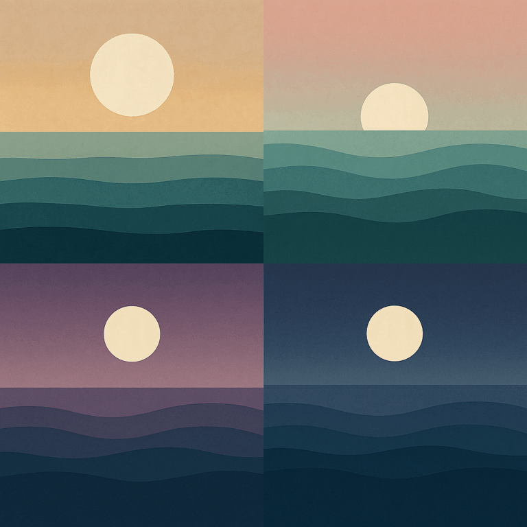 Collage of four Rise Framework blog headers — minimalist seascapes with sun and moon at different times of day, representing the seven steps to growth and leadership for midlife professionals.