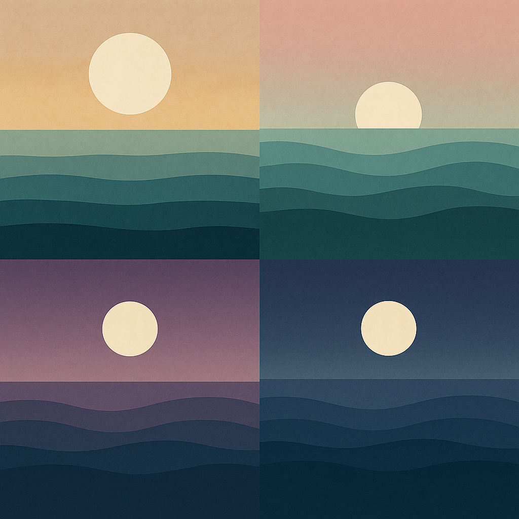 Collage of four Rise Framework blog headers — minimalist seascapes with sun and moon at different times of day, representing the seven steps to growth and leadership for midlife professionals.