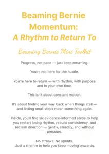 Beaming Bernie Momentum Toolkit cover – yellow and white design with the tagline “Progress, not pace” for sustaining workplace progress and personal growth.