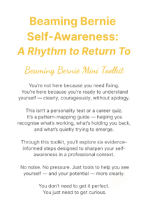 Beaming Bernie Self-Awareness Toolkit cover – yellow and white design for understanding patterns and aligning professional choices.