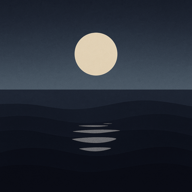Beaming Bernie minimalist abstract illustration of Moonlight reflected in waves, deep navy and silver palette, helpful glow but faint, symbolic of uncertainty around EAPs offering Support or Sticking Plaster
