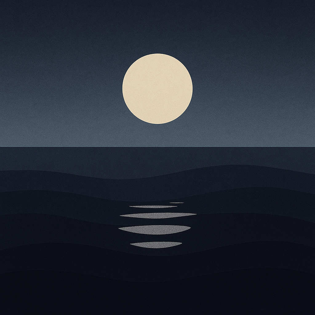 Beaming Bernie minimalist abstract illustration of Moonlight reflected in waves, deep navy and silver palette, helpful glow but faint, symbolic of uncertainty around EAPs offering Support or Sticking Plaster