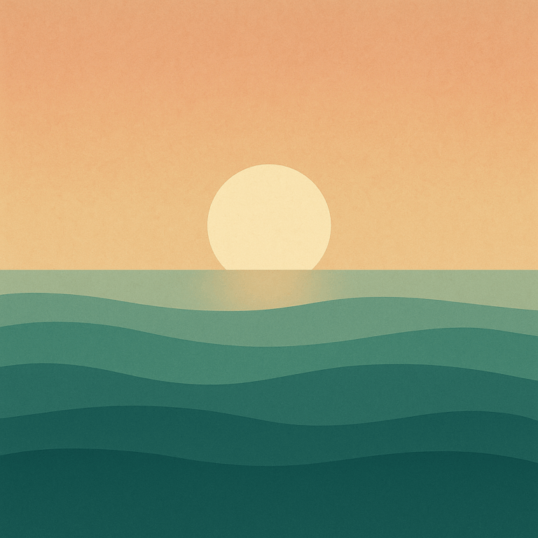 Beaming Bernie minimalist abstract illustration of Gentle rising sun above calm waves, apricot and teal palette, balanced mood, symbolic of stress reset and how Stress Stays Until You Let It Go