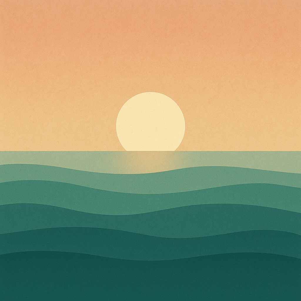 Beaming Bernie minimalist abstract illustration of Gentle rising sun above calm waves, apricot and teal palette, balanced mood, symbolic of stress reset and how Stress Stays Until You Let It Go