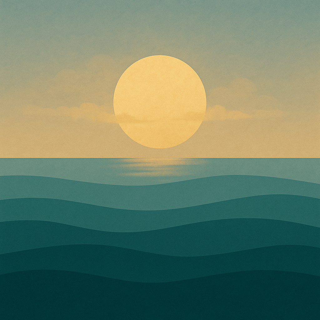 Beaming Bernie minimalist abstract illustration of Golden sun breaking through clouds, pale gold and soft blue sky, breakthrough light, symbolic of resilience and hope under pressure