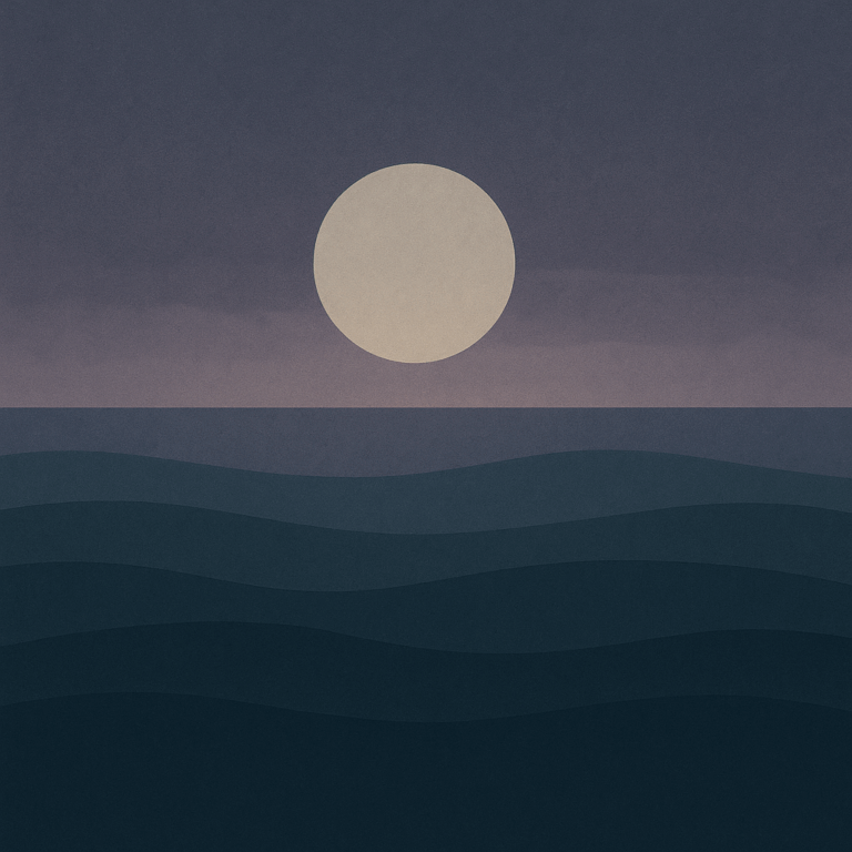 Beaming Bernie minimalist abstract illustration of Large moon with faint dawn edge, slate and muted violet palette, waning hope, symbolic of persistent strain and why More Perks, Same Burnout