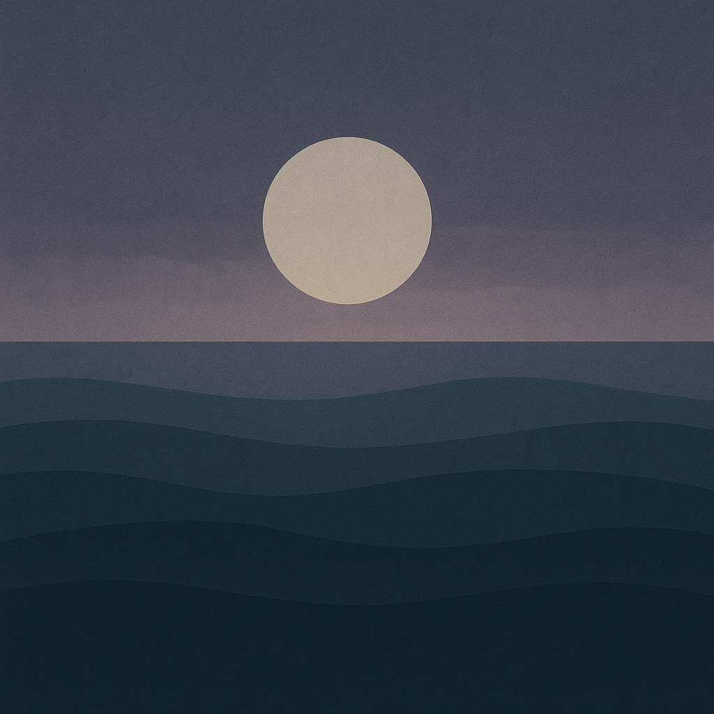 Beaming Bernie minimalist abstract illustration of Large moon with faint dawn edge, slate and muted violet palette, waning hope, symbolic of persistent strain and why More Perks, Same Burnout