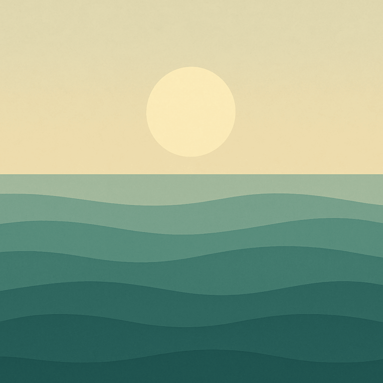 Beaming Bernie minimalist abstract illustration of Sun higher over rhythmic waves, neutral cream and teal palette, steady daylight, symbolic of scaffolding and rhythm and Why Habits Reduce Stress and Decision Fatigue