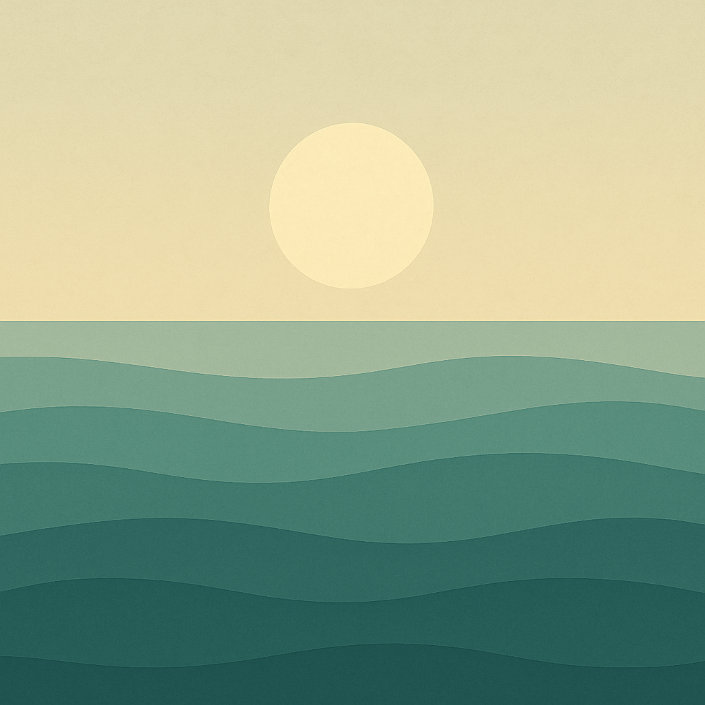 Beaming Bernie minimalist abstract illustration of Sun higher over rhythmic waves, neutral cream and teal palette, steady daylight, symbolic of scaffolding and rhythm and Why Habits Reduce Stress and Decision Fatigue