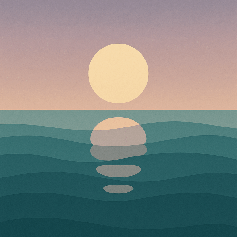 Beaming Bernie minimalist abstract illustration of Low sun mirrored in ocean waves, teal and soft lavender palette, reflective calm, symbolic of Memory Under Pressure: Why Stress Makes You Forget