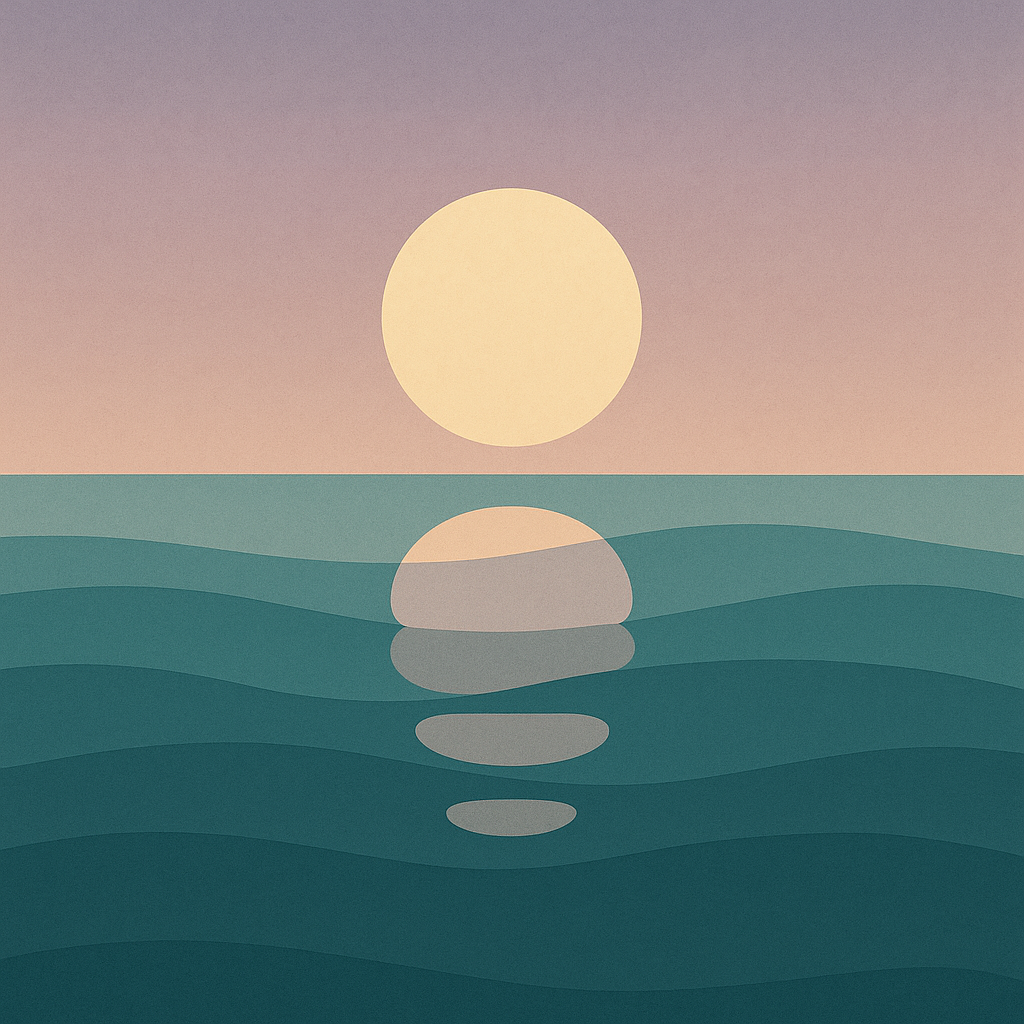 Beaming Bernie minimalist abstract illustration of Low sun mirrored in ocean waves, teal and soft lavender palette, reflective calm, symbolic of Memory Under Pressure: Why Stress Makes You Forget