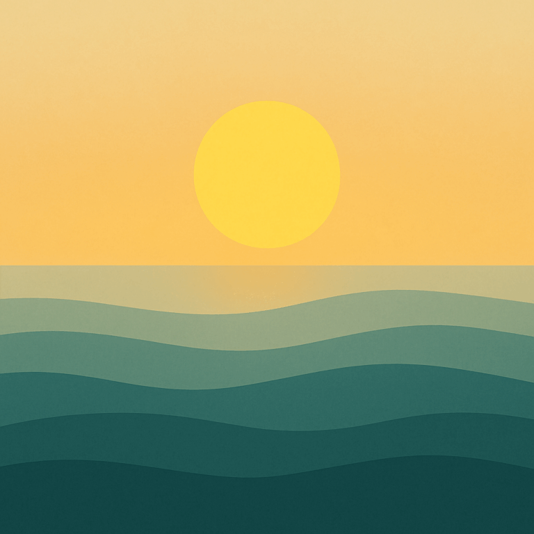 Beaming Bernie minimalist abstract illustration of High glowing sun, bright gold and cream gradient sky, full light, symbolic of Resolve Isn’t Grit — It’s Resetting Without Blame