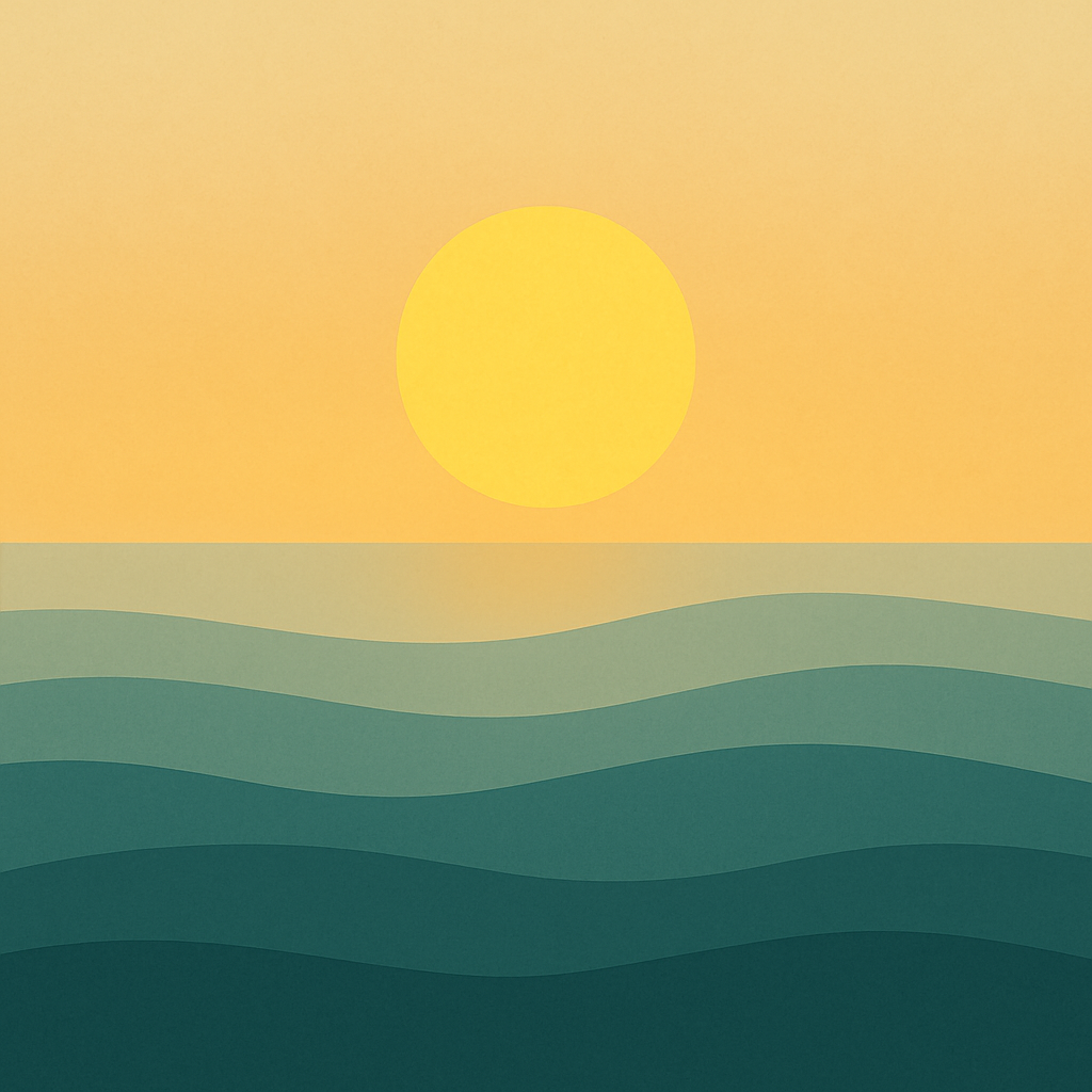 Beaming Bernie minimalist abstract illustration of High glowing sun, bright gold and cream gradient sky, full light, symbolic of Resolve Isn’t Grit — It’s Resetting Without Blame