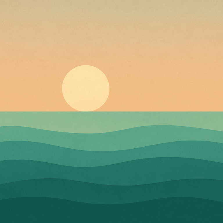 Beaming Bernie minimalist abstract illustration of Low sun over teal ocean waves, muted apricot dawn sky, calming and refreshing, symbolising hydration as stress relief.