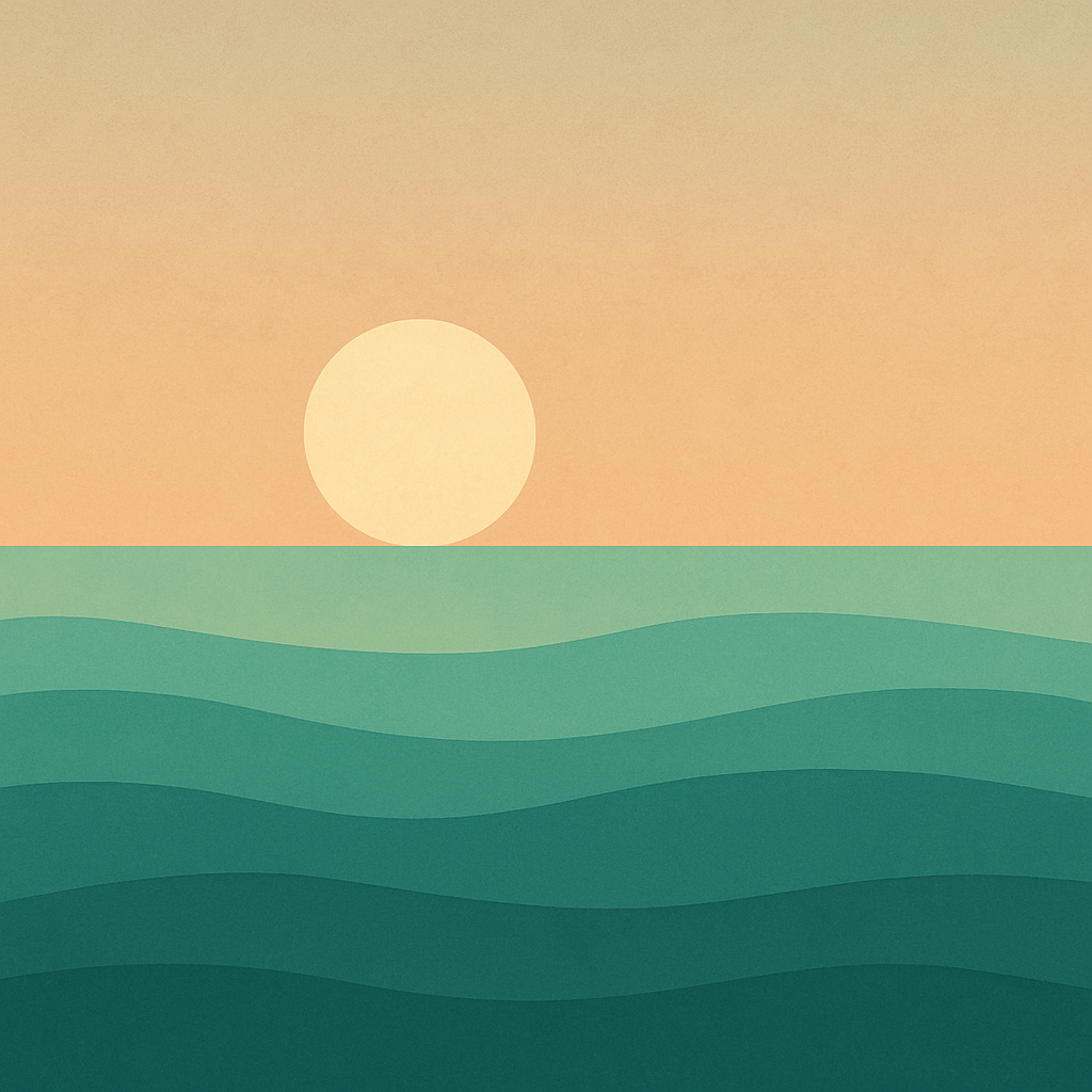 Beaming Bernie minimalist abstract illustration of Low sun over teal ocean waves, muted apricot dawn sky, calming and refreshing, symbolising hydration as stress relief.