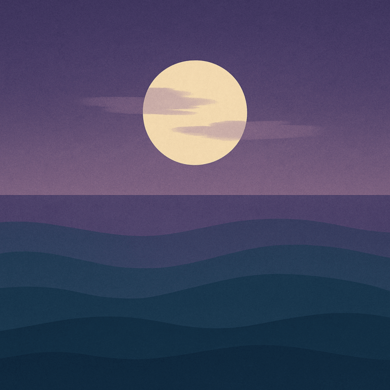 Beaming Bernie minimalist abstract illustration of Moon behind thin clouds, indigo and muted purple sky, twilight heaviness, symbolic of Wellness Programs Won’t Undo Overwork