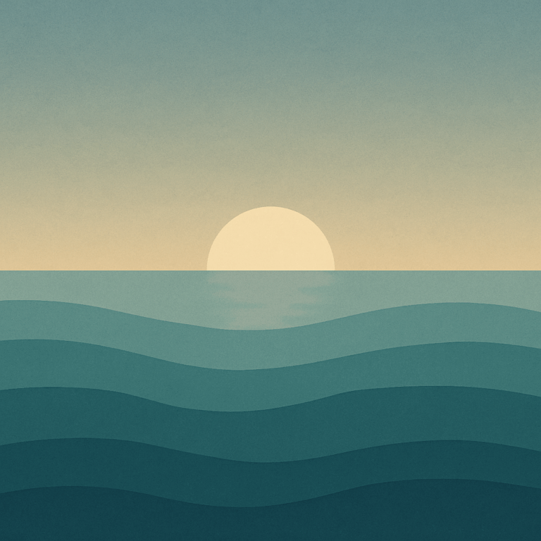 Beaming Bernie minimalist abstract illustration of Sun half-hidden by horizon, dusky blue to cream gradient, calm transition night to dawn, symbolic of how rest restores emotional control and steadies resilience and why Sleep Loss Hijacks Your Emotions