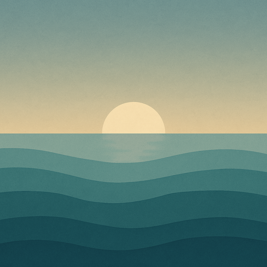 Beaming Bernie minimalist abstract illustration of Sun half-hidden by horizon, dusky blue to cream gradient, calm transition night to dawn, symbolic of how rest restores emotional control and steadies resilience and why Sleep Loss Hijacks Your Emotions