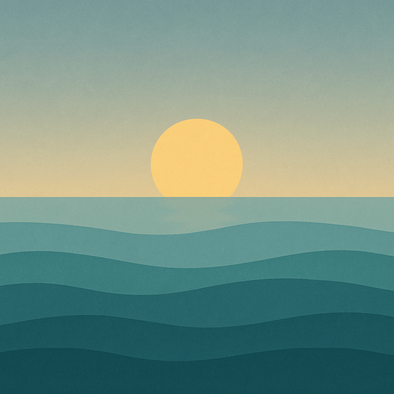 Beaming Bernie minimalist abstract illustration of Golden sun rising higher, warm gold and pale blue sky, steady glow, symbolic of progress and lift and that Momentum Isn't Magic