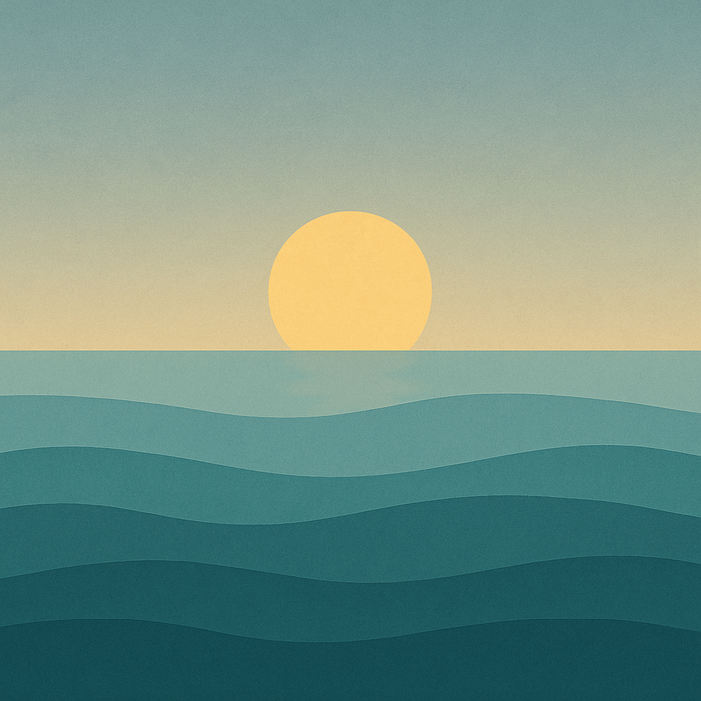 Beaming Bernie minimalist abstract illustration of Golden sun rising higher, warm gold and pale blue sky, steady glow, symbolic of progress and lift and that Momentum Isn't Magic