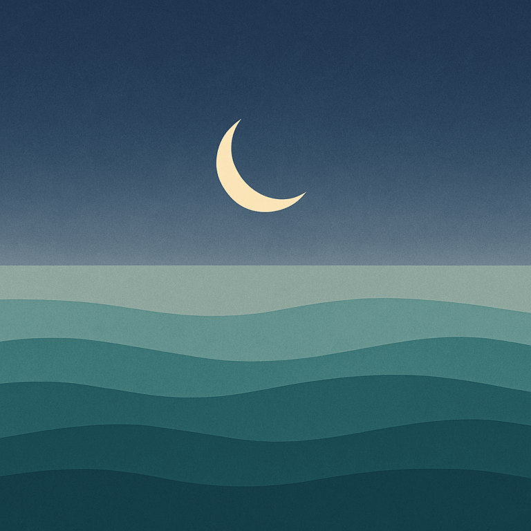 Beaming Bernie minimalist abstract illustration of Crescent moon against indigo sky shifting to faint grey dawn, fading light, symbolic of short-term boost recognising Resilience Training Is a Short Term Fix
