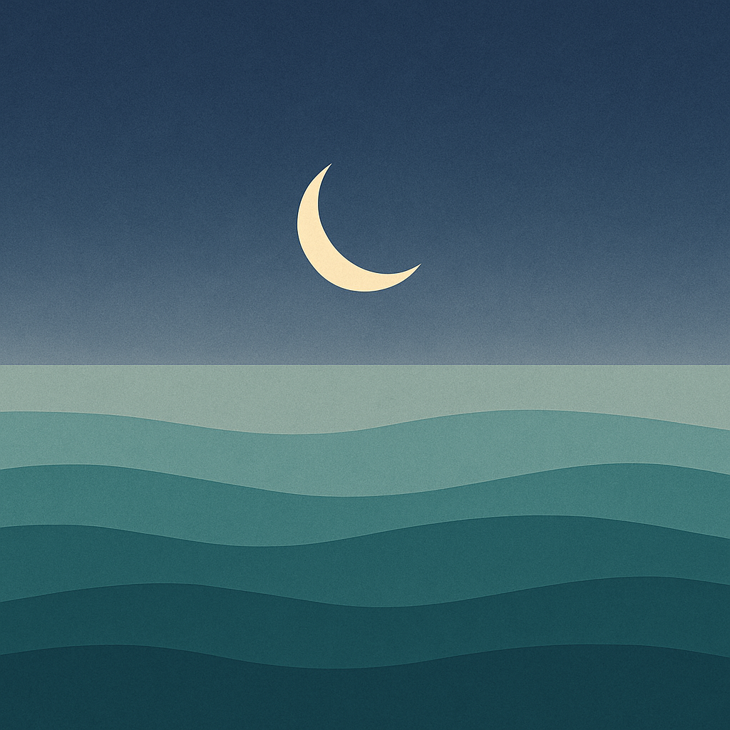Beaming Bernie minimalist abstract illustration of Crescent moon against indigo sky shifting to faint grey dawn, fading light, symbolic of short-term boost recognising Resilience Training Is a Short Term Fix