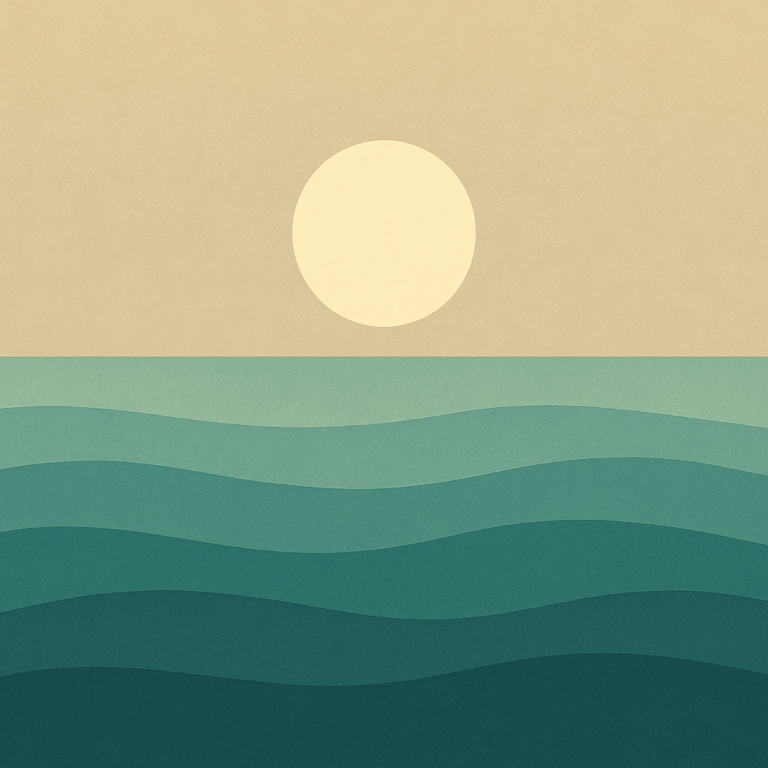 Beaming Bernie minimalist abstract illustration of Low sun with balanced layered waves, teal and warm neutral palette, nurturing calm, symbolic of balanced energy and that Food impacts Mood and Fatigue