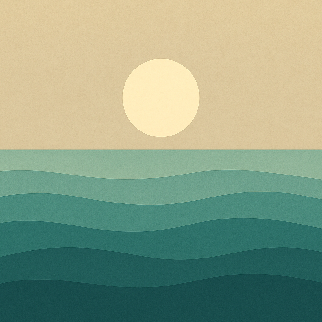 Beaming Bernie minimalist abstract illustration of Low sun with balanced layered waves, teal and warm neutral palette, nurturing calm, symbolic of balanced energy and that Food impacts Mood and Fatigue