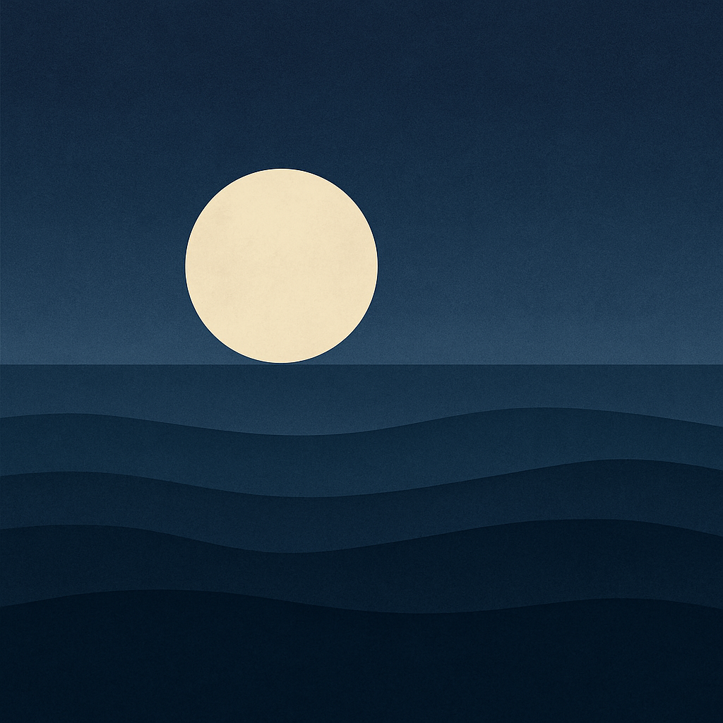 Beaming Bernie minimalist abstract illustration of a Pale moon low over horizon, deep indigo and slate sky, heavy dusk atmosphere, symbolic of systemic pressure. and that calm moments and Mindfulness won't save you from burnout