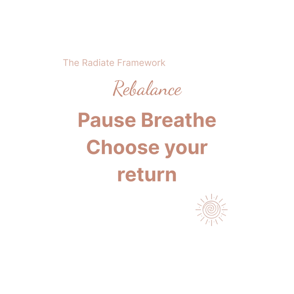 Beaming Bernie logo and stylised lettering in rose gold symbolising Empowered Wellbeing saying Rebalance: Pause, breath, choose your return. From the Beaming Bernie Radiate Framework