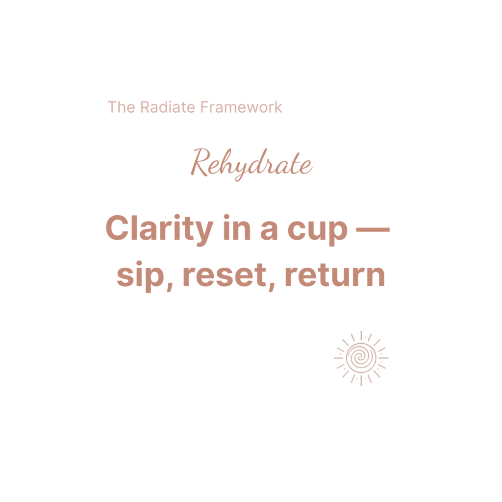 Beaming Bernie logo and stylised lettering in rose gold symbolising Empowered Wellbeing saying Rehydrate - clarity in a cup - sip, reset, return.. From the Beaming Bernie Radiate Framework