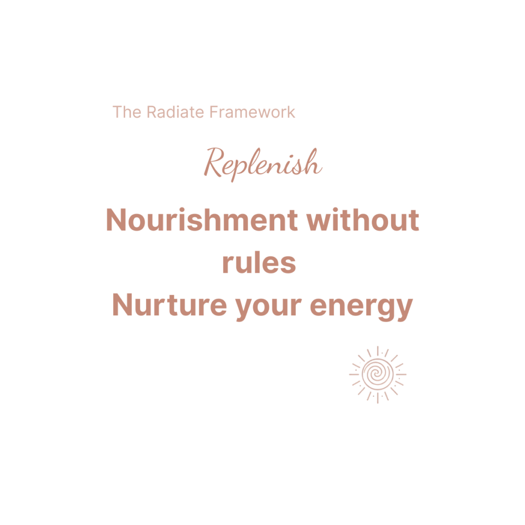 Beaming Bernie logo and stylised lettering in rose gold symbolising Empowered Wellbeing saying Replenish: nourishment without rules, nurture your energy. From the Beaming Bernie Radiate Framework