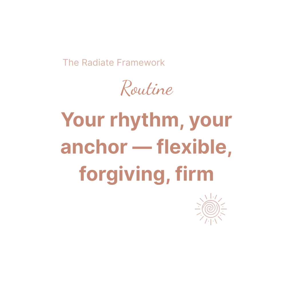 Beaming Bernie logo and stylised lettering in rose gold symbolising Empowered Wellbeing saying Routine Your Rhythm Your Anchor From the Beaming Bernie Radiate Framework